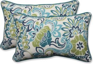 Pillow Perfect Floral Indoor/Outdoor Accent Throw Pillow, Plush Fill, Weather, and Fade Resistant, Lumbar - 11.5" x 18.5" , Blue/Green Zoe, 2 Count