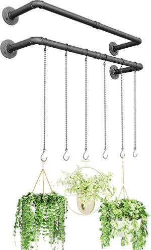 Plant Hanger Indoor, 2 Pack Hanging Planters Rod for Indoor Plants with 3 Hanging Chains, Wall Plant Hanging Rod for Window Ceiling, 38.2 Inch, Metal/Black, Pots Not Included