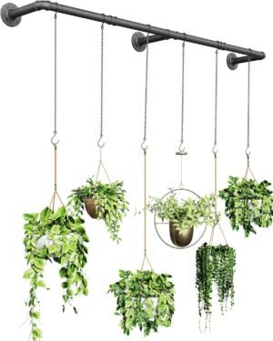 Plant Hanger Indoor, Hanging Planters Rod for Indoor Plants with 6 Hanging Chains, Wall Plant Hanging Rod for Window Ceiling, 65.7 Inch, Metal/Black, Pots Not Included