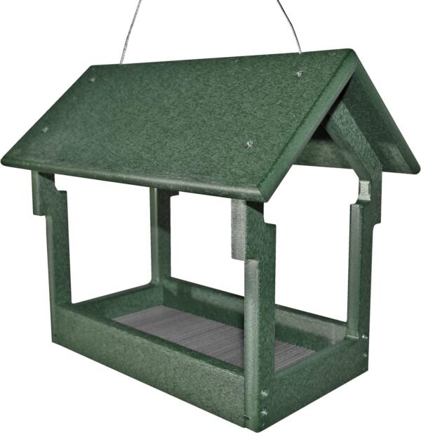 Plastic Poly House Shape Fly Through Outdoor Hanging Bird Feeder with Mesh Seed Tray, Wild Bird Feeders for Outside Garden Balcony Yard - Amish Made in USA (Turf Green)