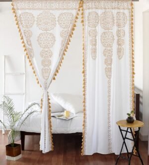 Printed Indian Floral Curtains |Boho Ombre Mandela Living Room Curtains|White and Gold Room Divider Curtains 87"LX41"W| Wall Tapestry for Living Room with Pom Pom Lace|Hippie Sheer Curtains