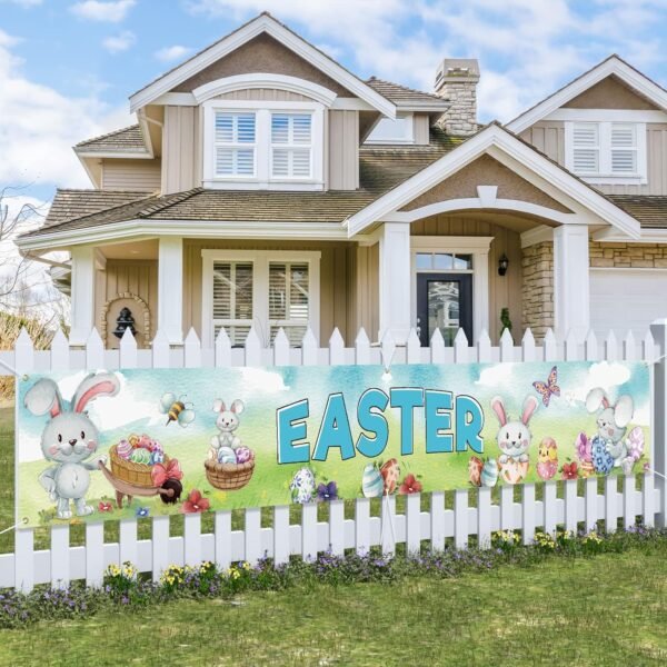 Probsin Easter Banner 120" x 20" Outdoor Decorations Yard Sign Party Supplies Welcome Backdrop Cute Eggs Bunny Bee Home Decor for Outside Indoor Garden Fence Balcony Porch Tree Front Door Greeting