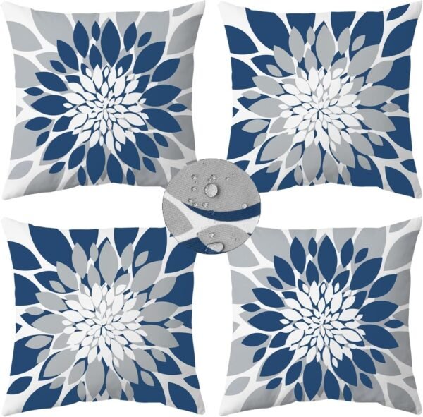 Qahing Pack of 4 Outdoor Waterproof Pillow Covers 16x16 Decorative Outdoor Throw Pillows Garden Square Cushion Cases for Patio Furniture, Couch, Tent Sunbrella, Bench, Blue Grey