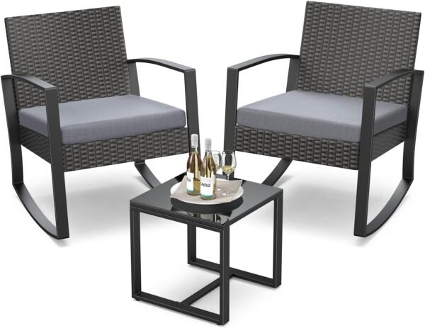 Qsun 3 Pieces Patio Furniture Set Rocking Bistro Set Outdoor Rattan Conversation with Coffee Table for Garden Balcony Backyard Poolside (Grey Cushion)