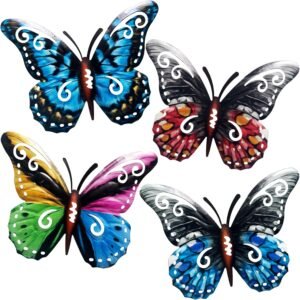 Quinnsus 4 Pack Metal Butterfly Wall Decor, Outdoor Butterfly Decorations Wall Art Decor, Hanging Metal Garden Decor with Nails for Outside, Patio, Fence, Yard, Gift for Family Friends