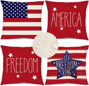 RABUSOFA Outdoor Waterproof 4th of July Patriotic Pillow Covers 18x18 Inch,Fourth of July Pillow Cases Set of 4,America Flag Stars Freedom Decorative Memorial Day Throw Pillows(2-18)