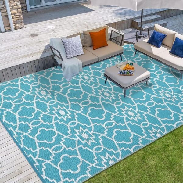 Reversible Mat 8x10 Plastic Straw Rug Outdoor Rug Geometric Area Rug Waterproof Patio Rug Outdoor Camping Rug for RV Porch Deck Camper Balcony Backyard Easy Cleaning Picnic Mat Blue White