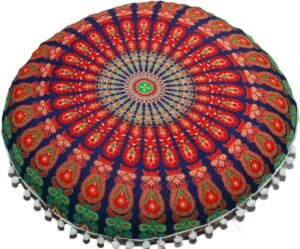 Round Mandala Boho Pillow Meditation India Room Seating Poufs for Living Room Yoga Room Home Décor Bedroom Balcony Garden Party Decoration Cotton Floor Cushion Cover (22", Multi Mirchi)