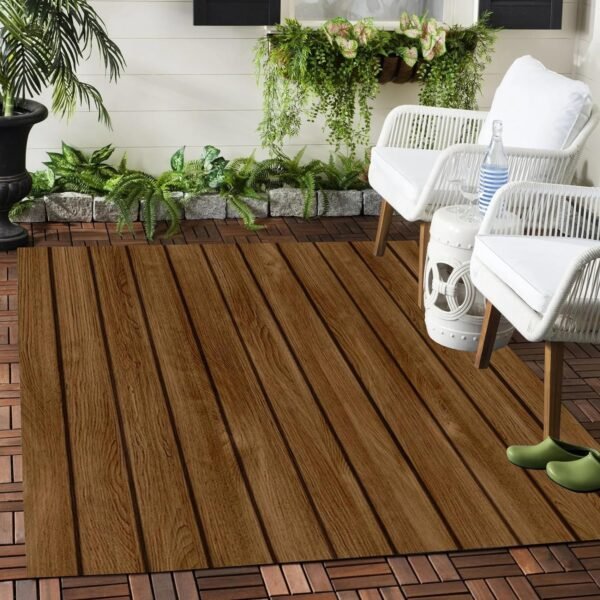 Rustic Wood Grain Reversible Outdoor Rug Waterproof Natural Brown Wooden Board Pattern Area Rugs for Balcony Deck Porch Patio Washable Non Slip Carpet Durable Camping Rv Rugs 2x3