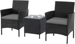 SOLAURA 3-Piece Outdoor Patio Bistro Set Outdoor Furniture Chairs Black Wicker Porch Furniture with Glass Coffee Table (Grey Cushion)