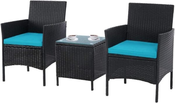 SOLAURA 3-Piece Outdoor Patio Bistro Set Patio Furniture Chairs Black Wicker Porch Furniture with Glass Coffee Table (Light Blue Cushion)