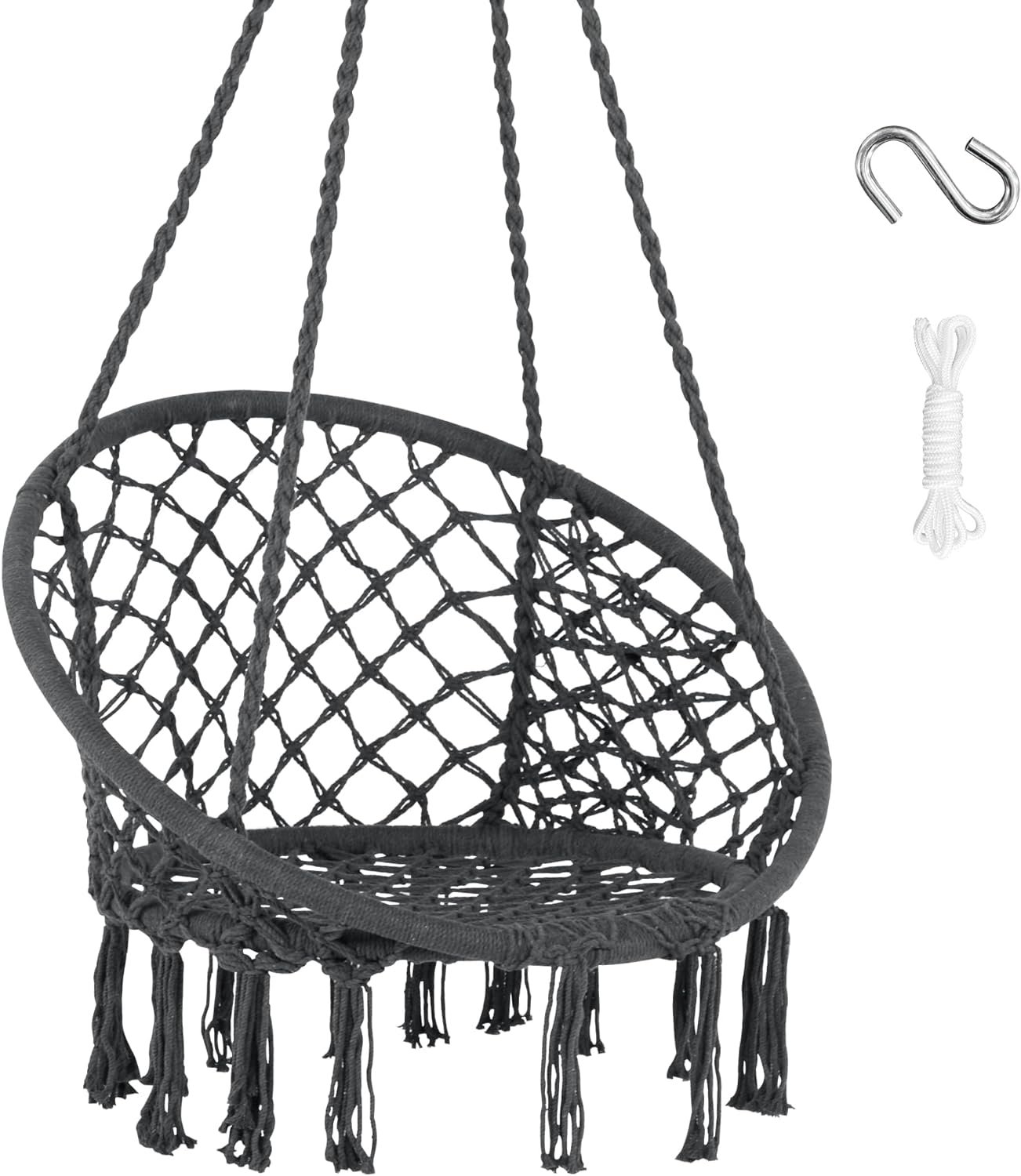 SUNCREAT Hammock Chair Hanging Macrame Swing with Hardware Kits, Max SUNCREAT Hammock Chair Hanging Macrame Swing with Hardware Kits, Max 330 Lbs, Handmade Knitted Mesh Rope Swing Chair for Indoor, Outdoor, Bedroom, Patio, Yard, Deck, Garden, Grey