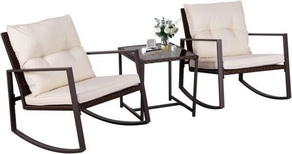 SUNCROWN 3-Piece Patio Bistro Set Outdoor Rocking Chairs Set Brown Wicker Porch Chairs with Glass Coffee Table, Beige Cushion