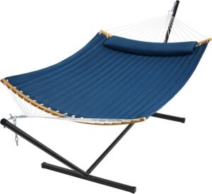 SUPERJARE Curved-Bar Hammock with Stand, 2 Person Heavy Duty Hammock Frame, Detachable Pillow & Portable Carrying Bag, Perfect for Outdoor & Indoor, Navy Blue