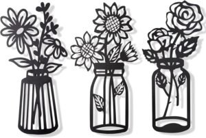 Set of 3 Metal Flowers Wall Decor Metal Flower Minimalism Metal Flower Wall Art Decor Wall Art Black Flower Iron Decor Metal Wall Sculpture for Patio Balcony Bathroom Decor Wall Art Bathroom Decor