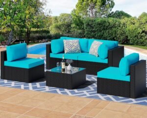 Shintenchi 5 Pieces Outdoor Patio Sectional Sofa Couch, Black PE Wicker Furniture Sets, Patio Conversation Sets with Washable Cushions Glass Coffee Table for Garden, Poolside, Backyard,Blue