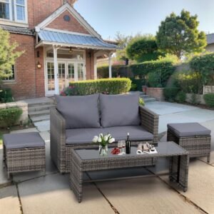 Shintenchi Patio Furniture 4 Pieces Wicker Patio Furniture Sets,Outdoor Wicker Conversation Set Rattan Sectional Sofa with Cushions&Coffee Table for Backyard Porch Garden Poolside Balcony,Gray