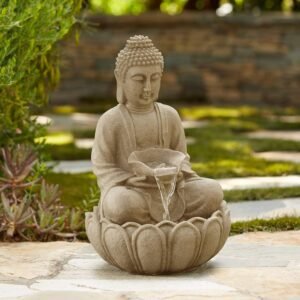 Sitting Buddha Zen Outdoor Water Fountain with Light LED 22" High Faux Sandstone Meditation Decor for Garden Patio Yard Home Lawn Porch House Relaxation Exterior Balcony Roof