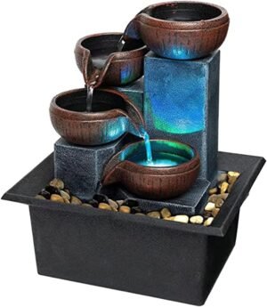 Small Tabletop Waterfall Fountain Zen Meditation Fountain Indoor Desktop Water Fountain with LED Light and Natural River Rocks for Office Home Bedroom