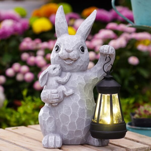 Solar Bunny Statues for Garden Decor: Outdoor Rabbit Sculptures for Clearance Lights for Outside Lawn Ornaments Porch Patio Balcony Yard – Unique Easter Gifts for Mom Grandma Mother(Grey)