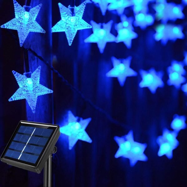 Solar Powered Blue Star String Lights, 55ft Total Length, 4.9 Inch Distance Between LED Bulbs, Waterproof, Auto On/Off