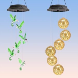 Solar Wind Chimes, 2 Pcs LED Automatic Color-Changing Wind Chimes Hummingbird/Gold Metal, Hanging Decorative Wind Chime for Yard/Garden/Balcony/Home Decor, Gifts for Mom Grandma Women by HEGUD