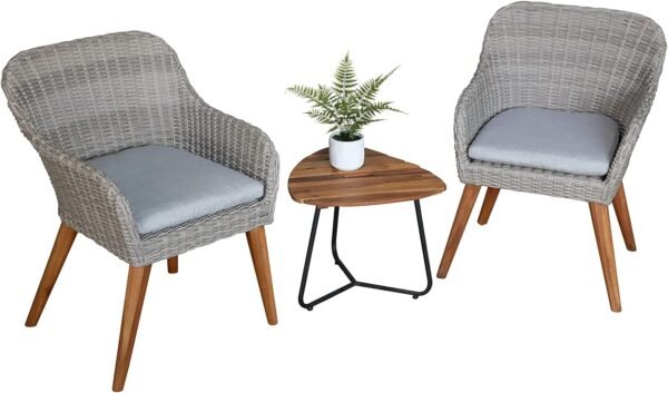 Soleil Jardin Outdoor 3-Piece Bistro Set with Seat Cushion, Two Chairs and Wood Top Side Table, Gray Wicker with Wood Leg