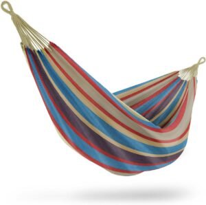 Sorbus® Brazilian Double Hammock - Extra-Long Two Person Portable Hammock Bed for Indoor or Outdoor Spaces - Hanging Rope, Carrying Pouch Included (Blue/Sand/Purple/Red Stripes)