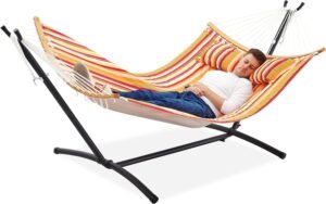 Space-Saving Hammock with Stand, 2 Person 550 Pound Capacity, Outdoor Patio Yard Indoor Hammock Bed, Quilted Fabric (Orange Stripes)