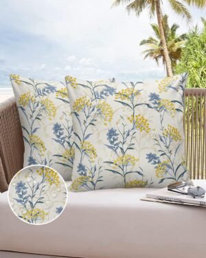 Spring Plant Outdoor Throw Pillow Cover 18x18In Farmhouse Yellow Berry Blue Branch Waterproof Cushion Covers 2 Pack Boho Botanical on Beige Pillow Cases Home Decoration for Patio Garden Couch Sofa