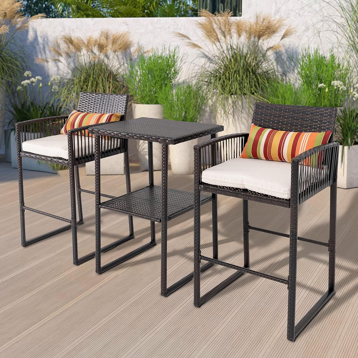 Square 2 Person Wicker Bar Height Dining Set with Cushions Square 2 Person Wicker Bar Height Dining Set with Cushions Brown Modern Contemporary Urban Rectangular Rattan Cushion Included