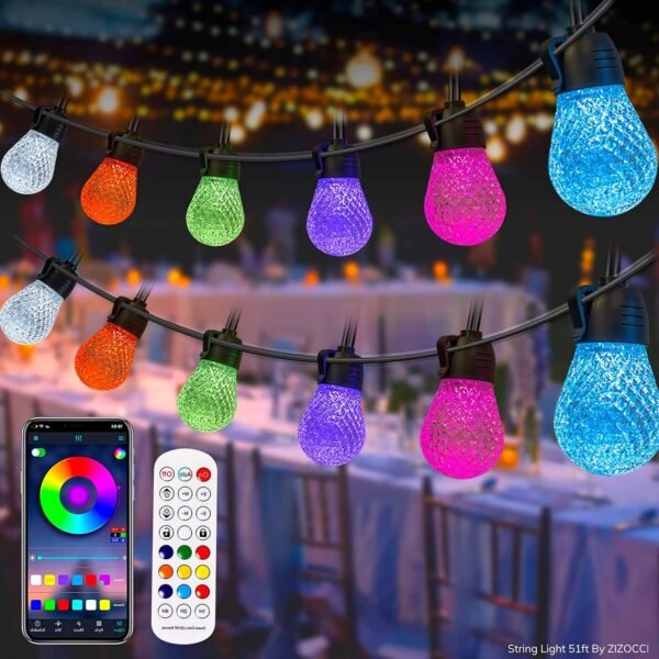 String Lights for Outside, String Lights Outdoor, String Lights Indoor, 51ft Patio Shatterproof Waterproof, Remote Control & App, Wedding, Christmas, Birthday, Balcony, Garden Party