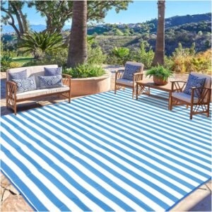 Striped Carpet for Patio RV Camping Mat with 4 Corner Loops Stakes, 7'x12' Waterproof Portable Plastic Straw Rug Indoor Area Rug Outside Decor Clearance Balcony Picnic Rug 712