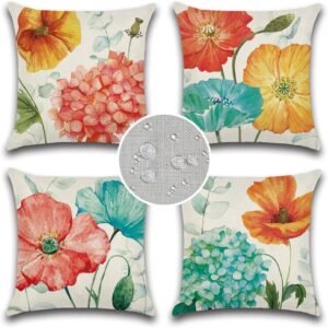 Summer Outdoor Pillow Covers 18x18 Waterproof Set of 4 Hydrangea and Lotus Floral Outdoor Throw Pillows Summer Outdoor Decor for Garden Patio Furniture and Porch