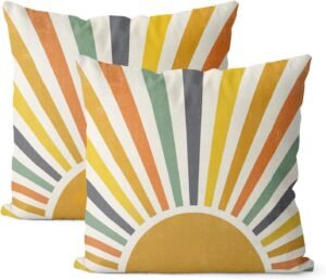 Summer Pillow Covers 18x18 Inch Set of 2, Stripes Yellow Sunshine Decorations Outdoor Throw Pillows Boho Summer Rainbow Sun Pillowcase Linen Decor Cute Farmhouse Cushion Case for Home Bedroom