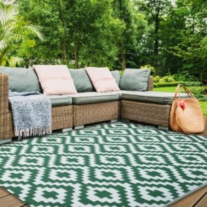 Sun-Ray Verdant Valley Outdoor Area Rug for Patio, Camping, RV, Porch, Deck, Camper, Balcony, Backyard, 5x7 Waterproof, Reversible, Green and White