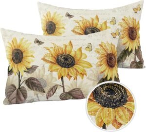 Sunflower Outdoor Pillow Covers Pack of 2, Retro Sunflower Floral Butterfly Waterproof Pillow Covers Seasonal Spring Summer Throw Pillowcase for Patio Funiture Garden Tent, 12 x 20 inch