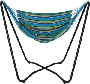 Sunnydaze 2-Point Hanging Hammock Chair with Space-Saving Stand - Indoor/Outdoor - 330-Pound Capacity - Ocean Breeze