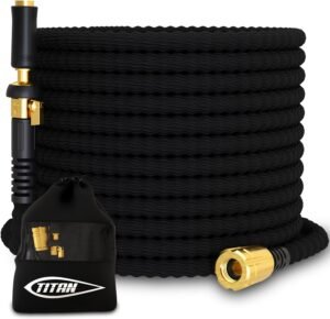 TITAN Garden Hose 25FT | NON-EXPANDING Durable, Flexible, Ultra Lightweight, Extra Strength Fabric Hybrid Water Hose, Heavy Duty Brass Connectors, With Jet Nozzle For Home, Marine, RV