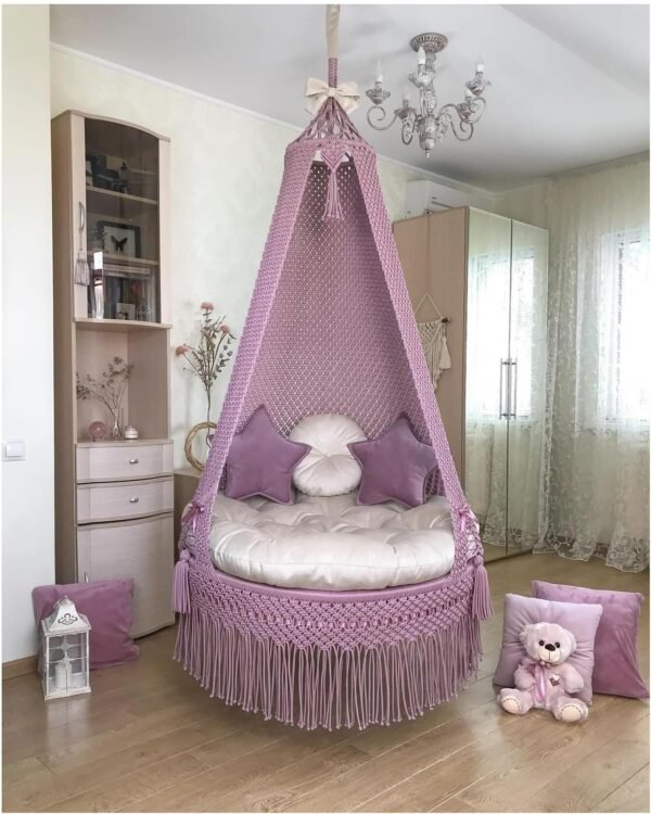 TSING Macrame Hammock Hanging Boho Swinging Chair with Thick Cushion for Bedroom, Patio, Balcony, Garden, Living Room, Holds up to 330 lb (Pink-3)