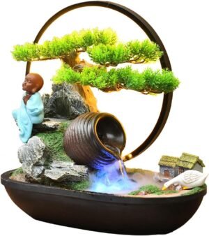 Tabletop Fountain Kit with Circular Water Flow Indoor Meditating Little Monk Buddha Statue Zen Fountain with LED Lights for Home Office Bedroom Desk Decoration