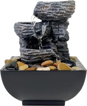 Tabletop Fountain Rock Waterfall Function with LED Light, Indoor Zen Meditation Desktop Fountain Includes Natural River for Home and Office Decoration