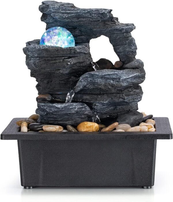 Tabletop Fountain Rotating Ball Rock Waterfall Fountain Office Includes Many Natural River Rocks Decorated with Colorful Lights, 9.05" L x 6.89" W x 10.23" H