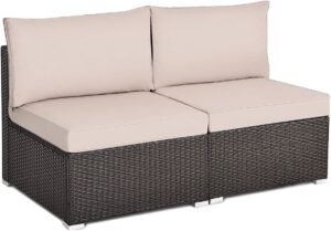 Tangkula 2 PCS Outdoor Wicker Armless Sofa, Patio Rattan Sectional Sofa Set w/2 Thick Seat Cushions and 2 Back Cushions, Additional Seats for Balcony Garden Patio Poolside (Black)