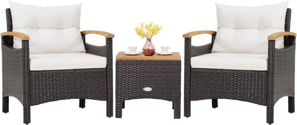 Tangkula 3-Piece Patio Furniture Set, Patiojoy Outdoor Rattan Sofa Set with Coffee Table, Patio Conversation Set with Removable Cushion, Cozy Acacia Wood Armrests for Backyard, Poolside (Off White)