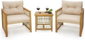 Tangkula 3 Pieces Acacia Wood Patio Furniture Set, PE Wicker Bistro Set with Cushioned Chairs and Coffee Table, Outdoor Conversation Set for Porch, Deck, Balcony, Backyard (Beige)