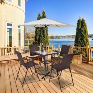 Tangkula 5 Pieces Patio Dining Set, 4 Folding Wicker Sling Chairs and Square Glass Top Table Set, with Umbrella Hole, Suitable for Apartment Balcony, Lawn, Garden and Poolside