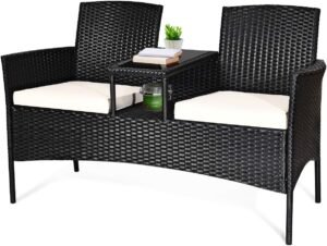 Tangkula Wicker Patio Conversation Furniture Set, Outdoor Furniture Set with Removable Cushions & Table, Tempered Glass Top, Modern Rattan Bench for Garden Lawn Backyard (White)