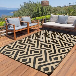 Terrug Outdoor Rug Waterproof 4x6 Ft, Foldable Outdoor Plastic Straw Rug, UV Reversible Patio Rug Decor, Outdoor Area Rug for Camping, RV, Porch, Deck, Backyard, Balcony, Picnic, Black & Beige