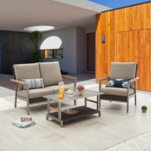 Thermal Transfer 3-piece Outdoor Conversation Set Beige Grey Modern Contemporary Urban Metal PVC Wicker Powder Coated Water Resistant Weather